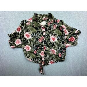 American Eagle Tropical Floral Tie Front Button Down Shirt Black Pink Large
